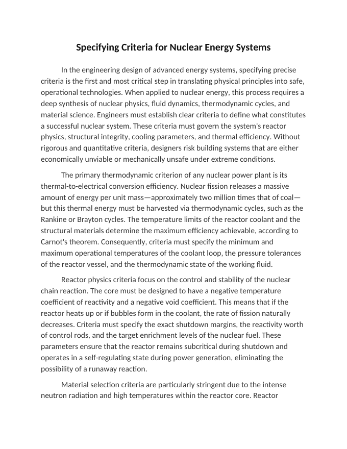Specifying Criteria for Nuclear Energy Systems Reading Worksheet sample page