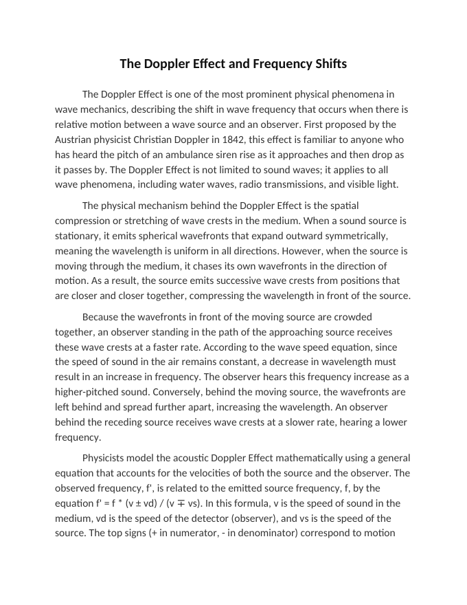The Doppler Effect and Frequency Shifts Reading Worksheet sample page