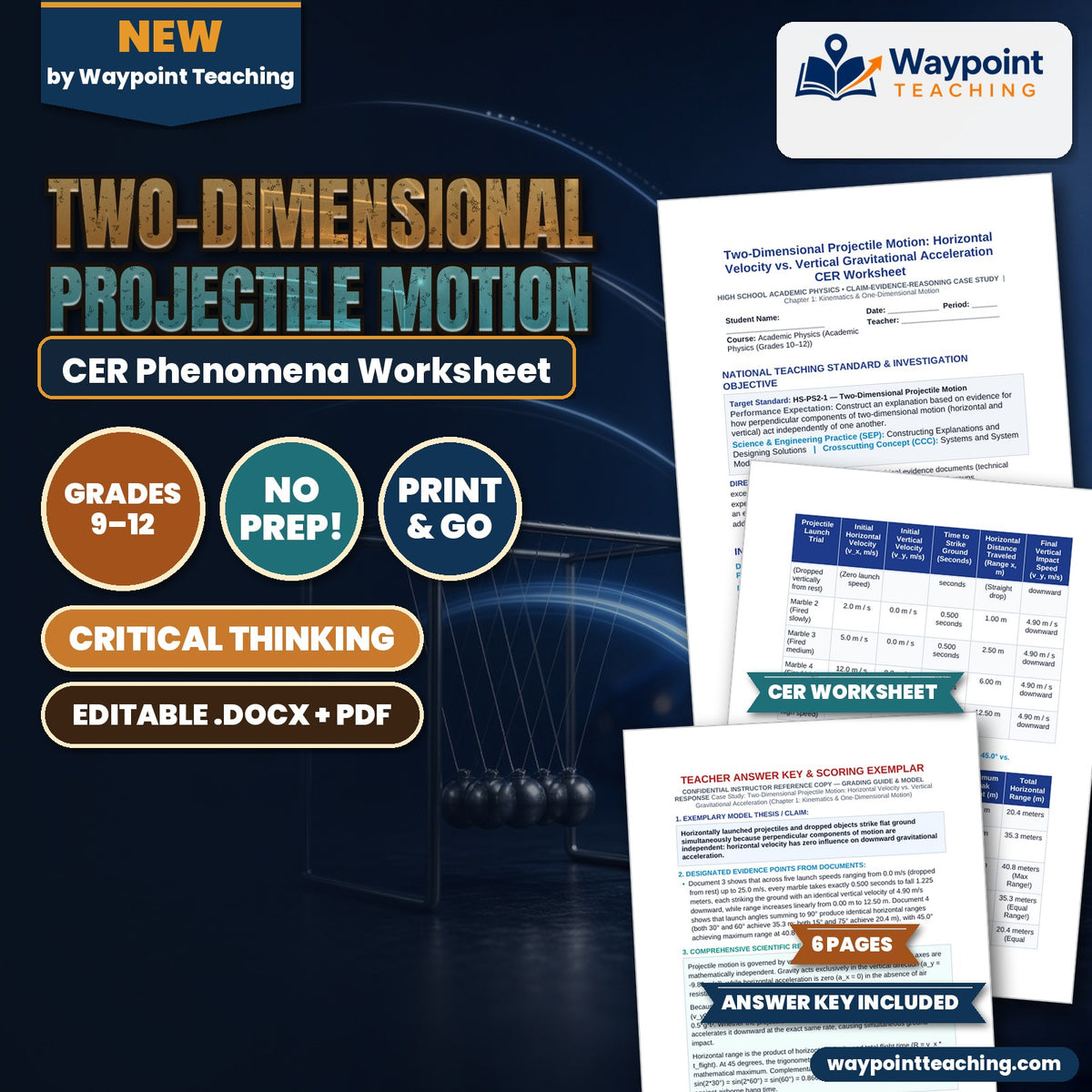 Two-Dimensional Projectile Motion: Horizontal Velocity vs. Vertical Gravitational Acceleration CER Phenomena Worksheet cover
