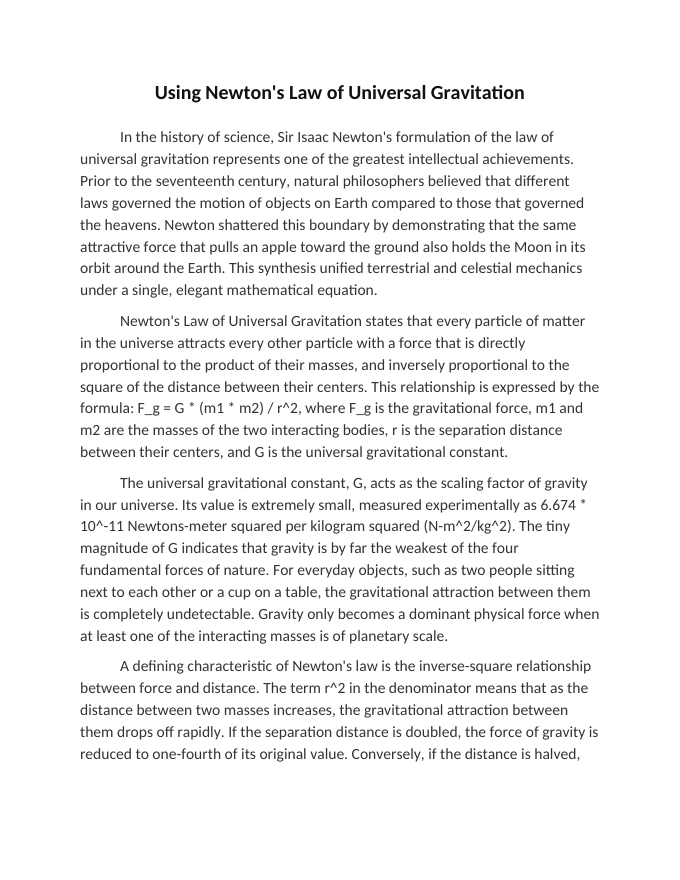 Using Newtons Law of Universal Gravitation Reading Worksheet sample page