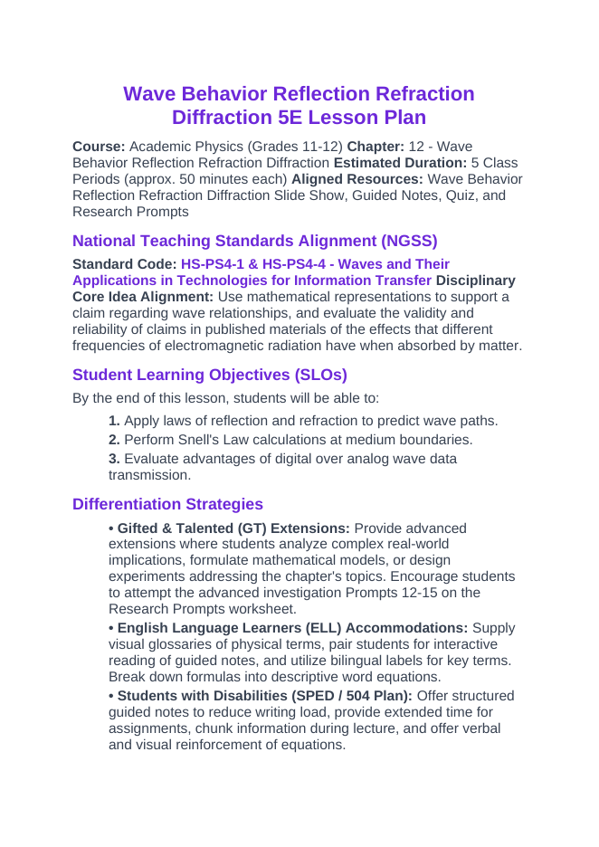Wave Behavior: Reflection, Refraction, & Diffraction 5E Lesson Plan sample page