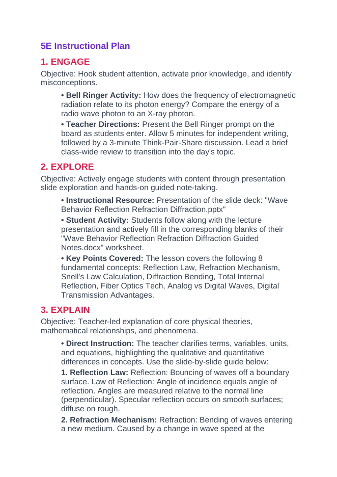Wave Behavior: Reflection, Refraction, & Diffraction 5E Lesson Plan sample page