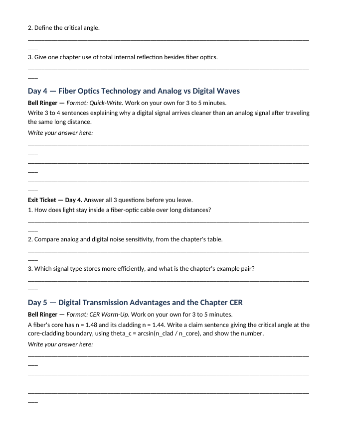 Wave Behavior: Reflection, Refraction, & Diffraction Bell Ringers & Exit Tickets sample page