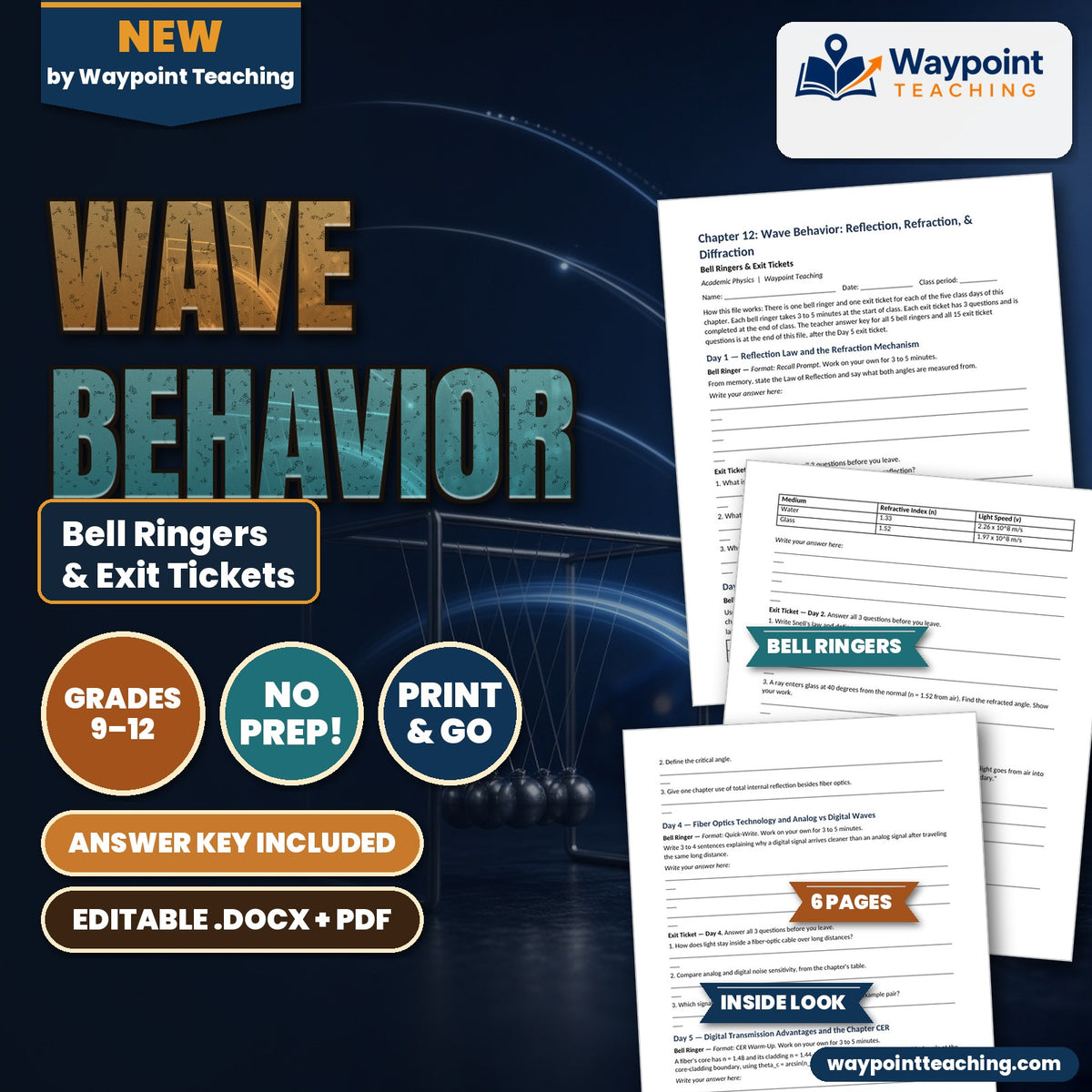 Wave Behavior: Reflection, Refraction, & Diffraction Bell Ringers & Exit Tickets cover