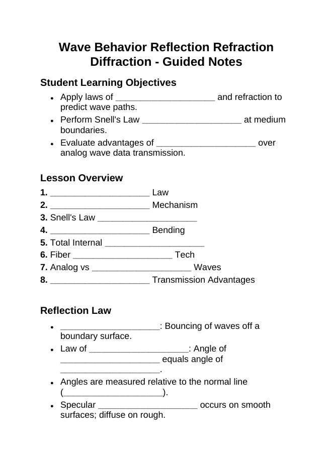 Wave Behavior: Reflection, Refraction, & Diffraction Guided Notes sample page