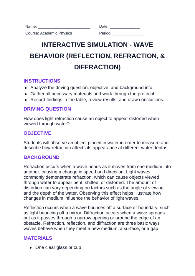 Wave Behavior: Reflection, Refraction, & Diffraction Interactive Simulation sample page