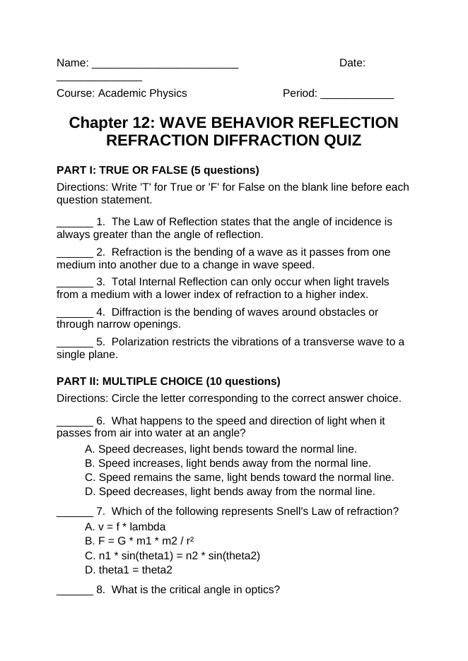 Wave Behavior: Reflection, Refraction, & Diffraction Lesson Quiz sample page