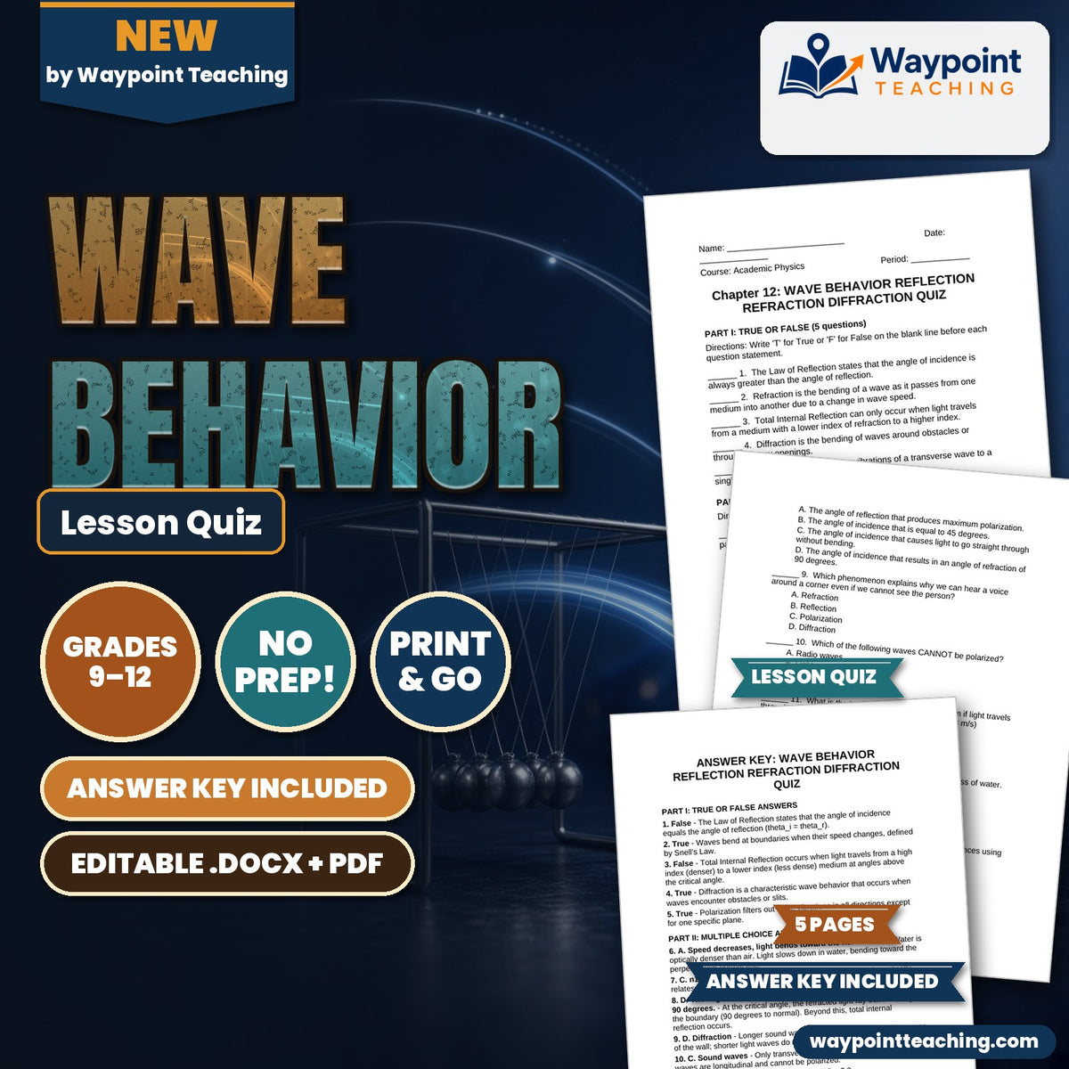 Wave Behavior: Reflection, Refraction, & Diffraction Lesson Quiz cover