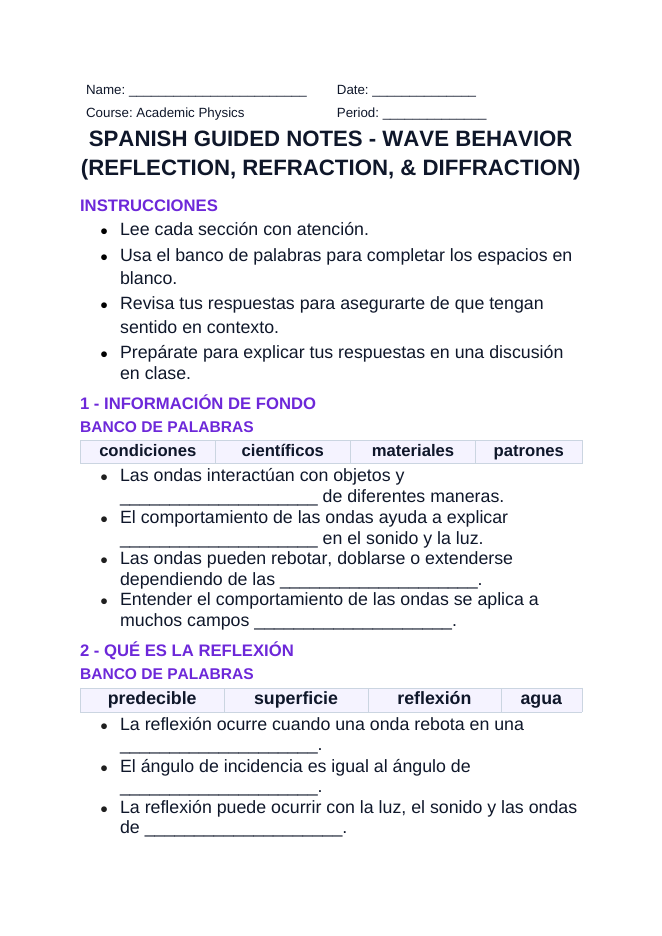 Wave Behavior: Reflection, Refraction, & Diffraction Spanish Guided Notes sample page