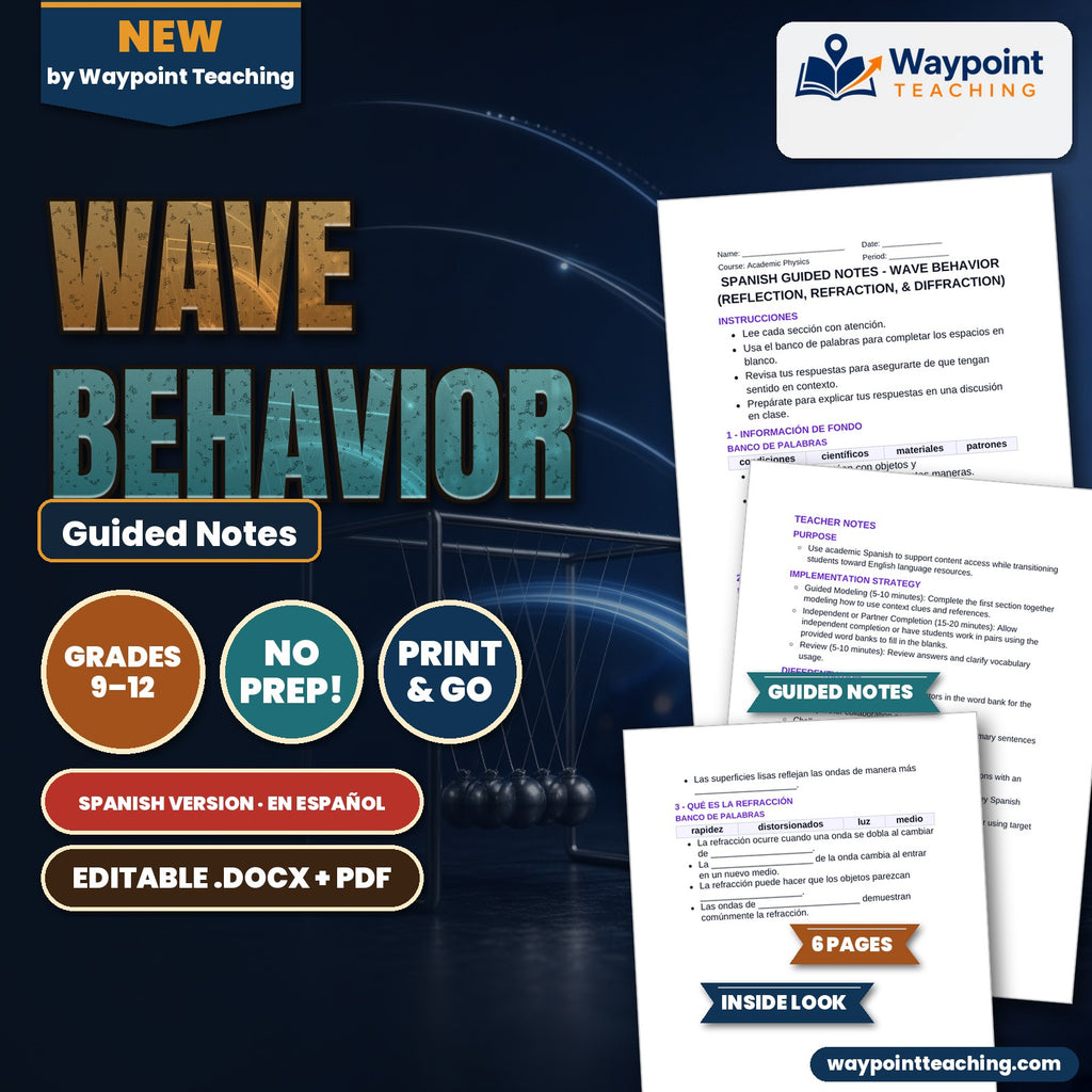 Wave Behavior: Reflection, Refraction, & Diffraction Spanish Guided Notes cover