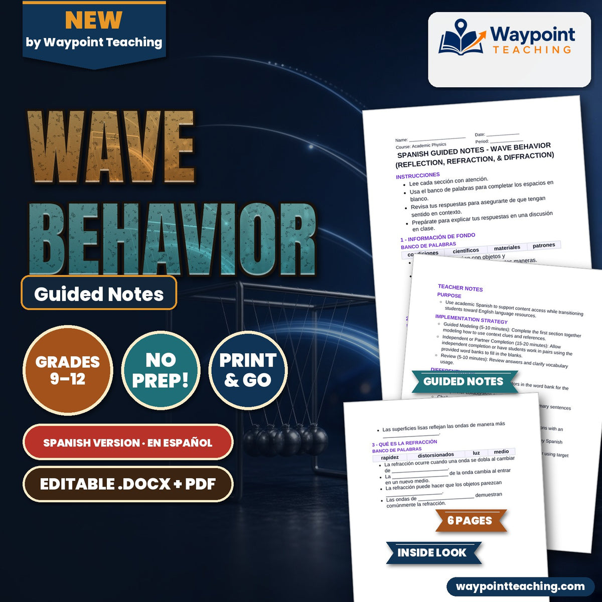 Wave Behavior: Reflection, Refraction, & Diffraction Spanish Guided Notes cover