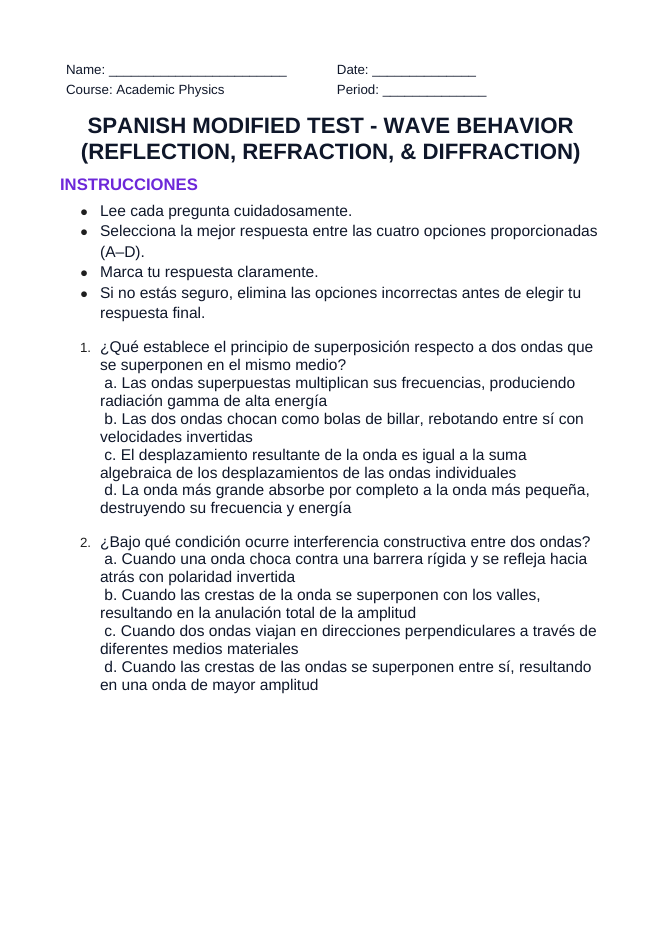 Wave Behavior: Reflection, Refraction, & Diffraction Spanish Unit Test sample page