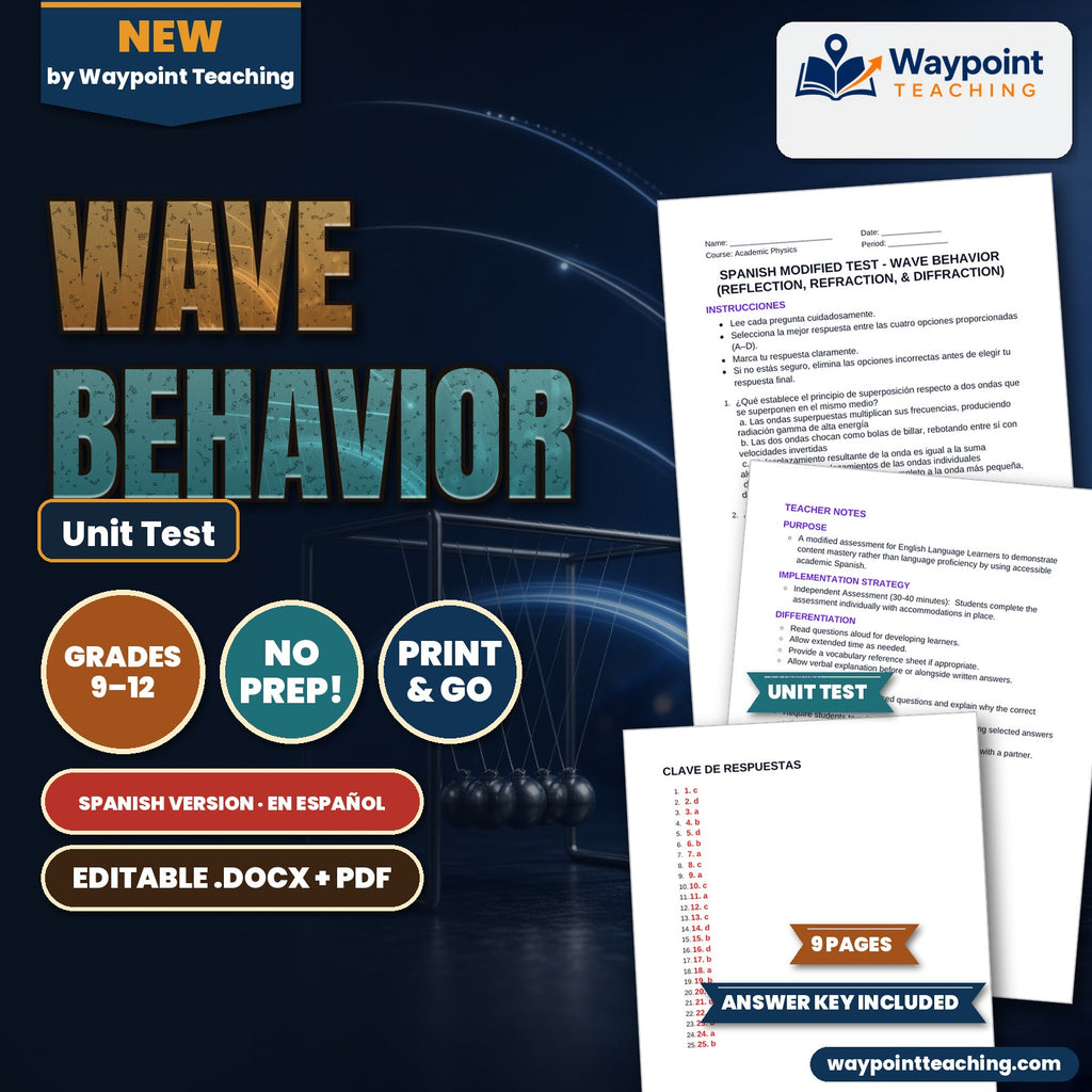 Wave Behavior: Reflection, Refraction, & Diffraction Spanish Unit Test cover