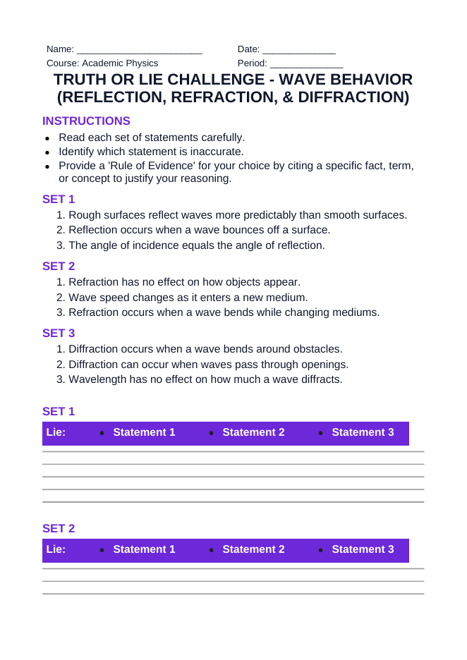 Wave Behavior: Reflection, Refraction, & Diffraction Truth or Lie Challenge sample page