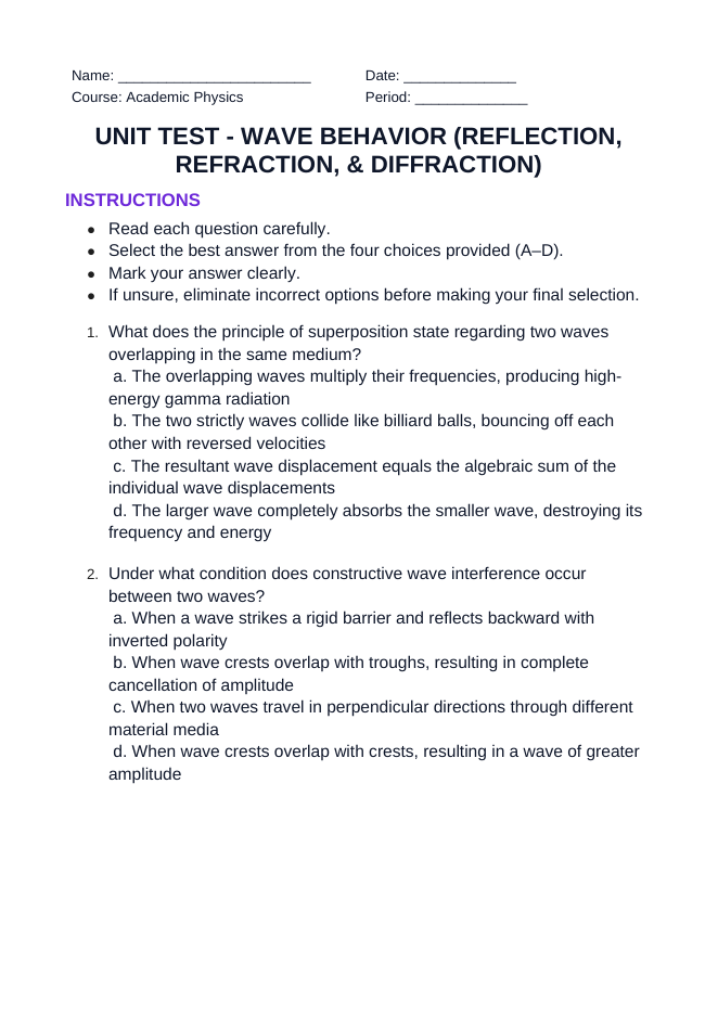 Wave Behavior: Reflection, Refraction, & Diffraction Unit Test sample page