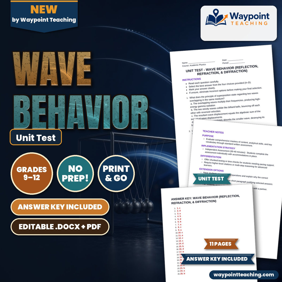Wave Behavior: Reflection, Refraction, & Diffraction Unit Test cover