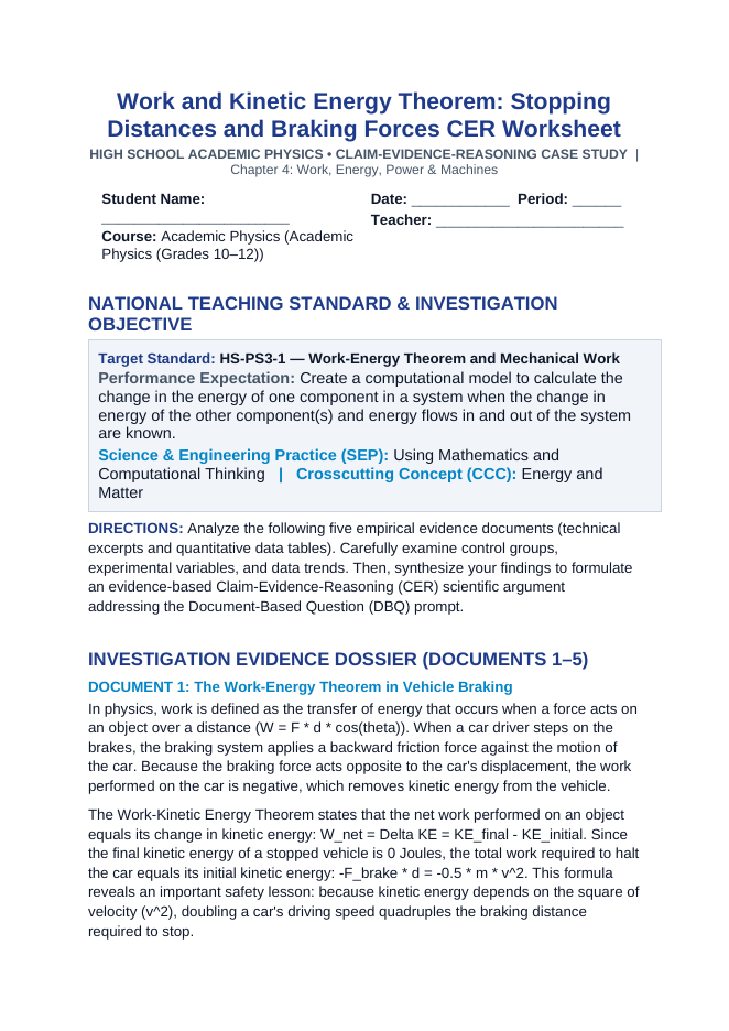 Work and Kinetic Energy Theorem: Stopping Distances and Braking Forces CER Phenomena Worksheet sample page