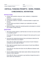 Work, Power, & Mechanical Advantage Critical Thinking Prompts sample page