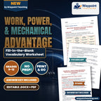 Work, Power, & Mechanical Advantage Fill-in-the-Blank Vocabulary Worksheet cover