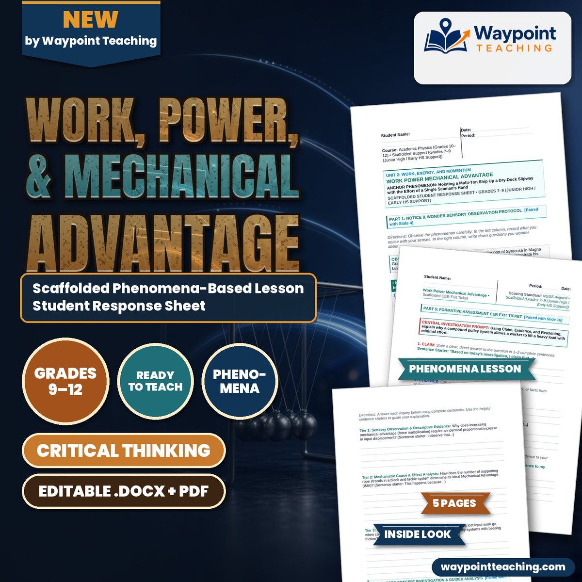 Work, Power, & Mechanical Advantage Scaffolded Phenomena-Based Lesson: Hoisting a Multi-Ton Ship Up a Dry-Dock Slipway with the Effort of a Single Seaman's Hand Student Response Sheet cover