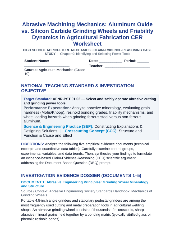 Abrasive Machining Mechanics: Aluminum Oxide vs. Silicon Carbide Grinding Wheels and Friability Dynamics in Agricultural Fabrication CER Phenomena Worksheet sample page