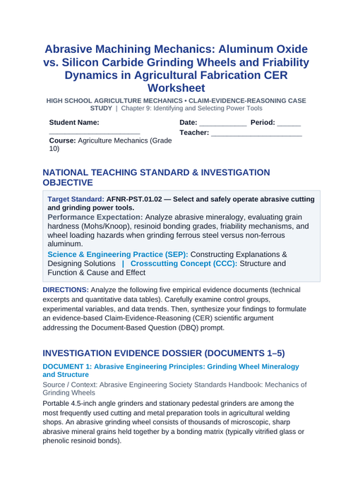 Abrasive Machining Mechanics: Aluminum Oxide vs. Silicon Carbide Grinding Wheels and Friability Dynamics in Agricultural Fabrication CER Phenomena Worksheet sample page