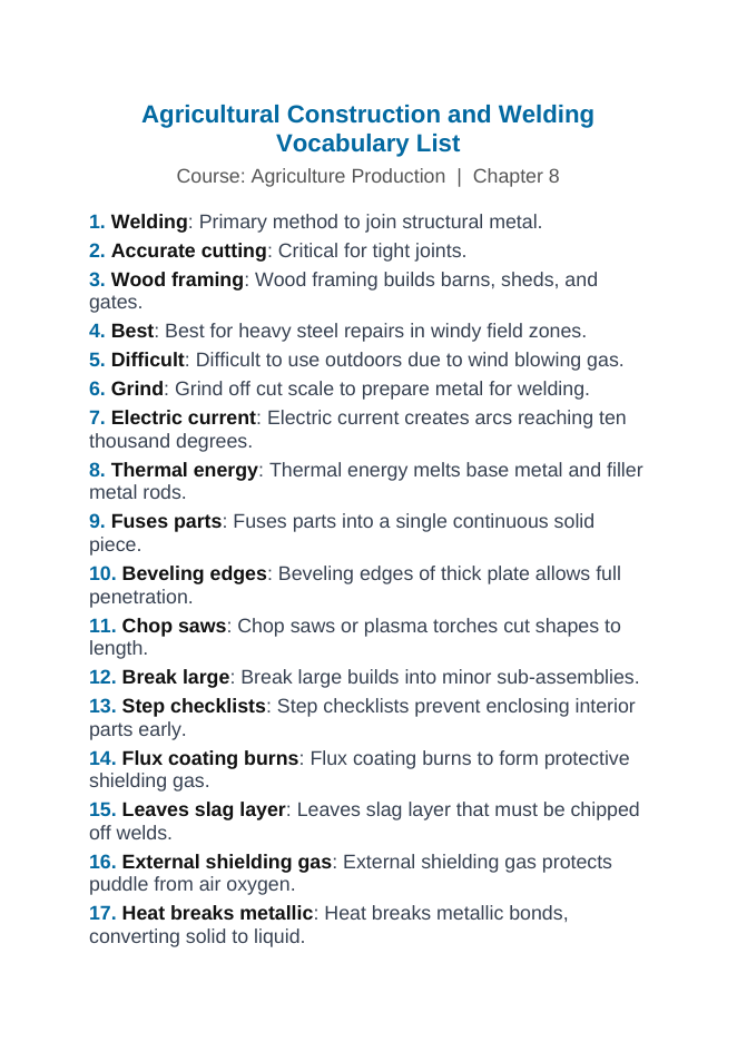 Agricultural Construction & Welding Vocabulary Words & Definitions sample page