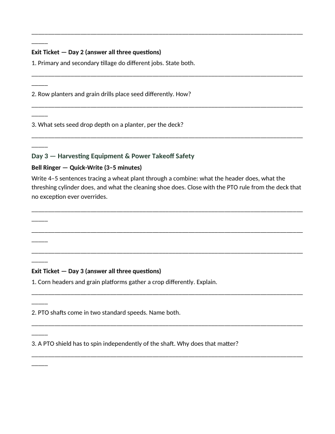 Agricultural Equipment & Machinery Bell Ringers & Exit Tickets sample page