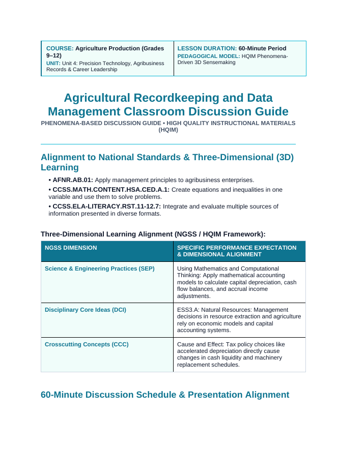 Agricultural Recordkeeping & Data Management Phenomena-Based Lesson: The Modified Accelerated Cost Recovery Depreciation Tax Paradox Teacher Discussion Guide sample page