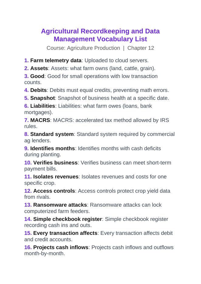 Agricultural Recordkeeping & Data Management Vocabulary Words & Definitions sample page