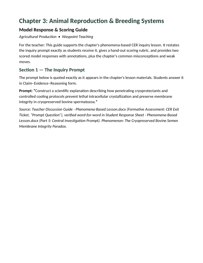 Animal Reproduction & Breeding Systems Model Response & Scoring Guide sample page