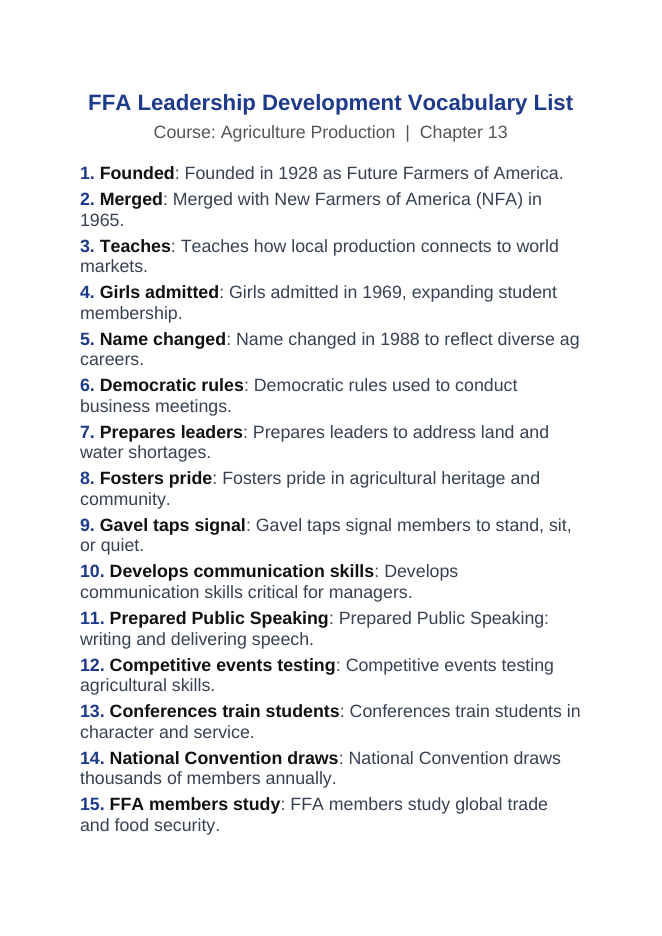 FFA Leadership Development Vocabulary Words & Definitions sample page