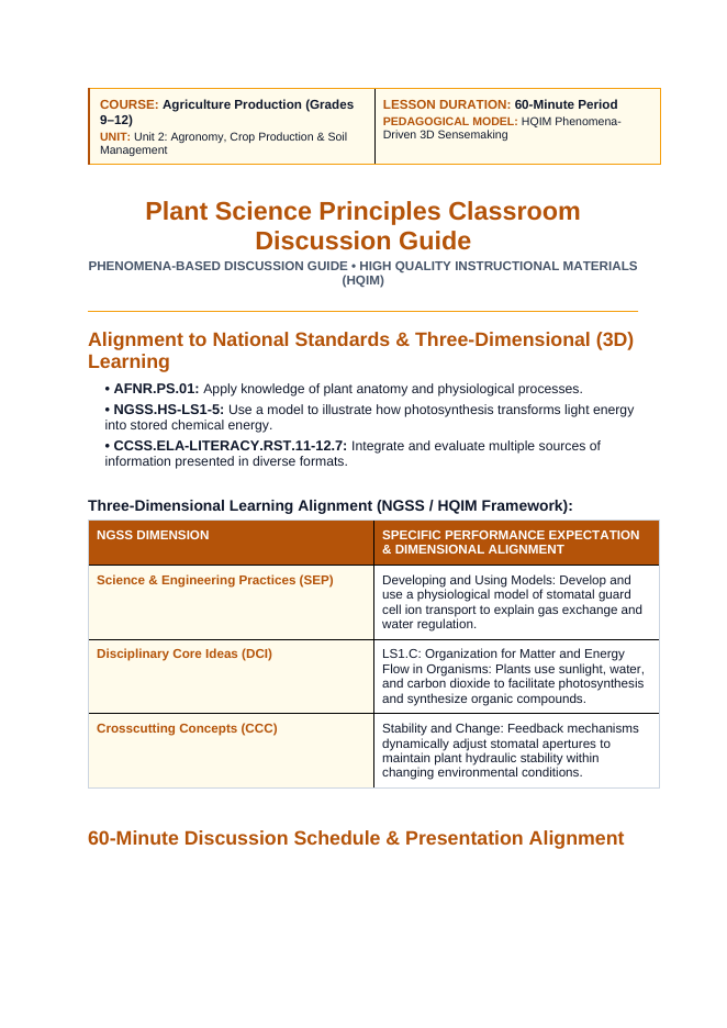 Plant Science Principles Phenomena-Based Lesson: The Stomatal Guard Cell Turgor Transpiration Paradox Teacher Discussion Guide sample page