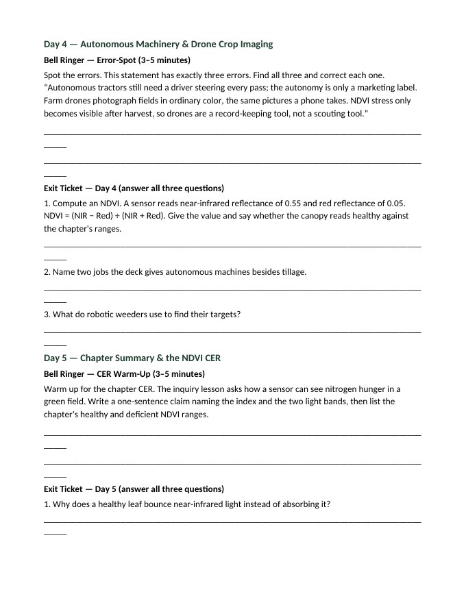 Precision Agriculture Technology Bell Ringers & Exit Tickets sample page