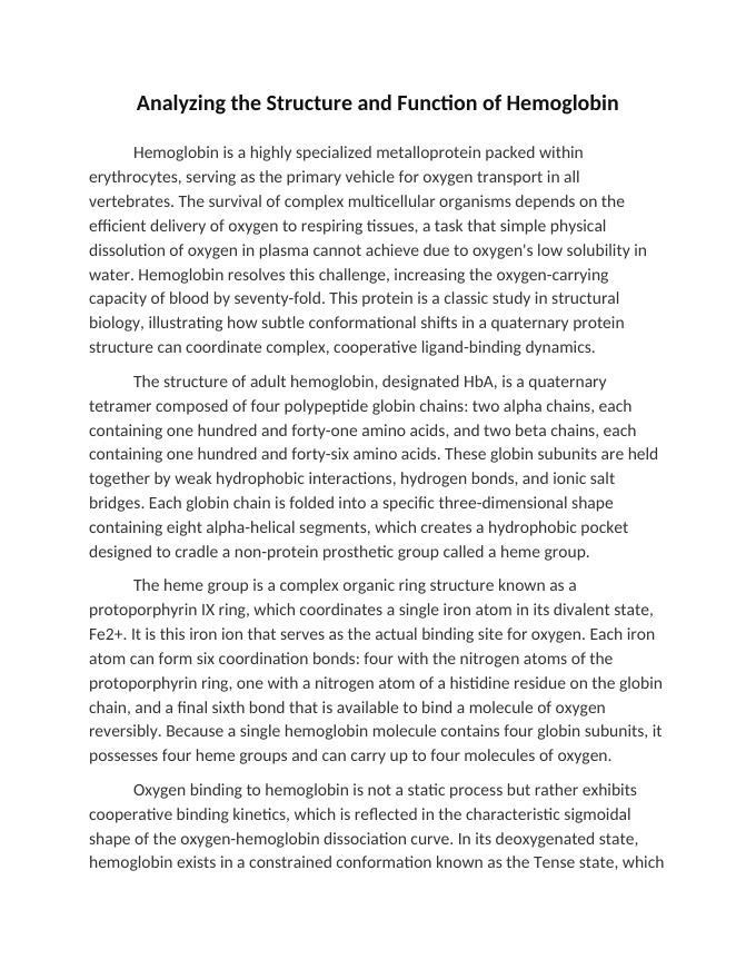 Analyzing the Structure and Function of Hemoglobin Reading Worksheet sample page