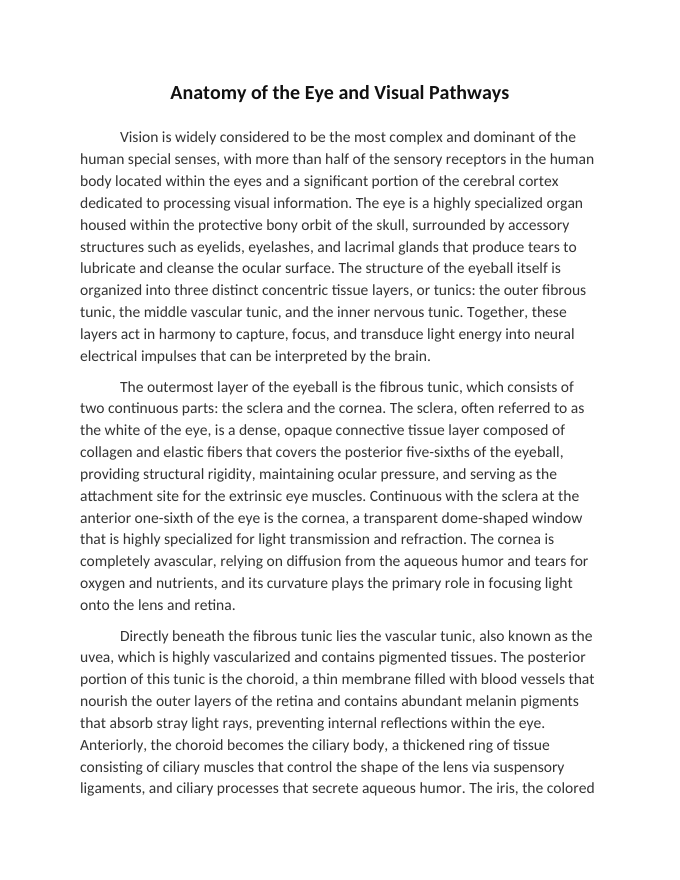 Anatomy of the Eye and Visual Pathways Reading Worksheet sample page