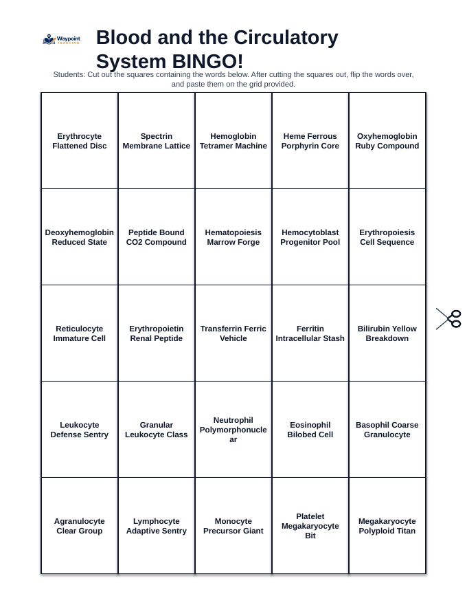 Blood & the Circulatory System BINGO Review Game sample page