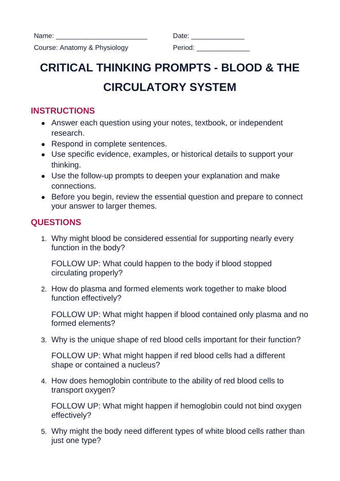 Blood & the Circulatory System Critical Thinking Prompts sample page