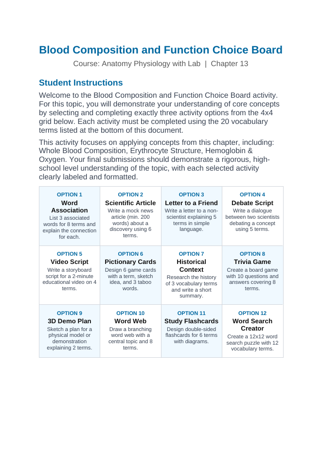 Blood & the Circulatory System Vocabulary Choice Board sample page