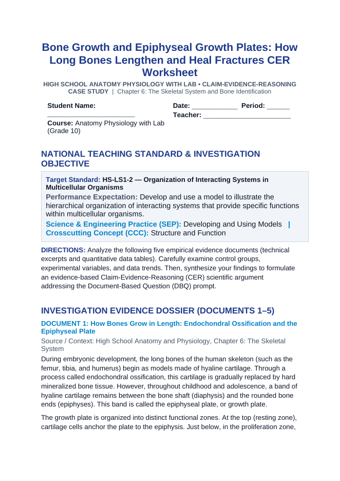 Bone Growth and Epiphyseal Growth Plates: How Long Bones Lengthen and Heal Fractures CER Phenomena Worksheet sample page