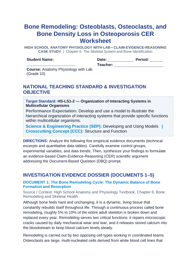 Bone Remodeling: Osteoblasts, Osteoclasts, and Bone Density Loss in Osteoporosis CER Phenomena Worksheet sample page