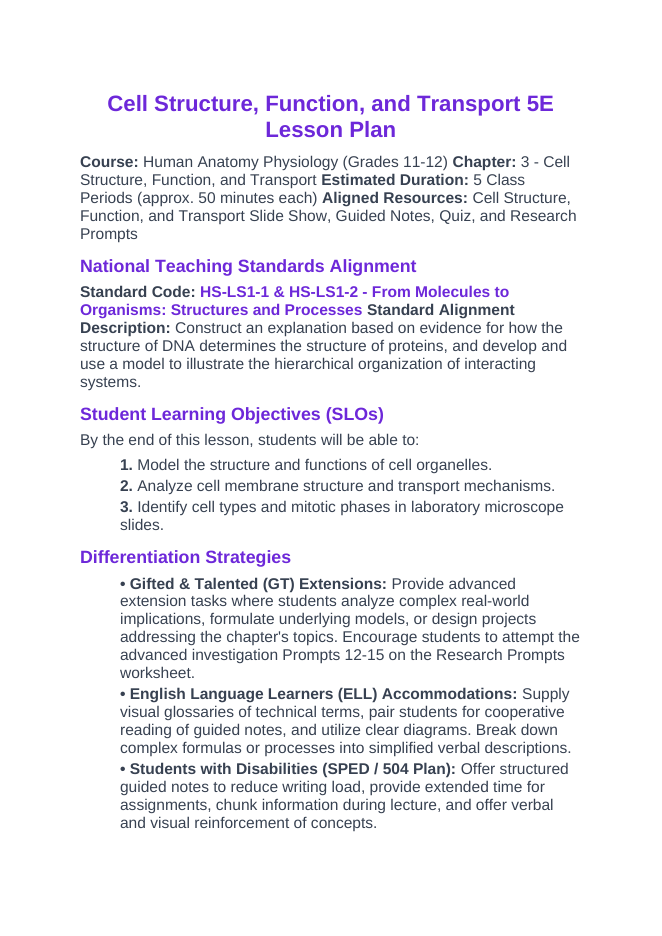 Cell Structure, Function, & Transport 5E Lesson Plan sample page