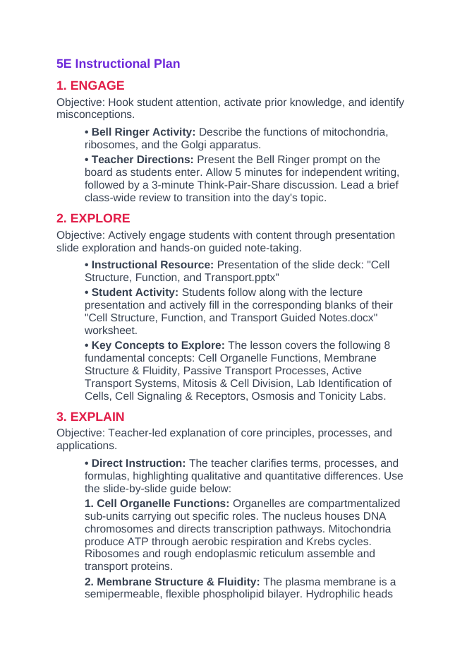 Cell Structure, Function, & Transport 5E Lesson Plan sample page