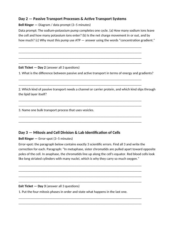 Cell Structure, Function, & Transport Bell Ringers & Exit Tickets sample page