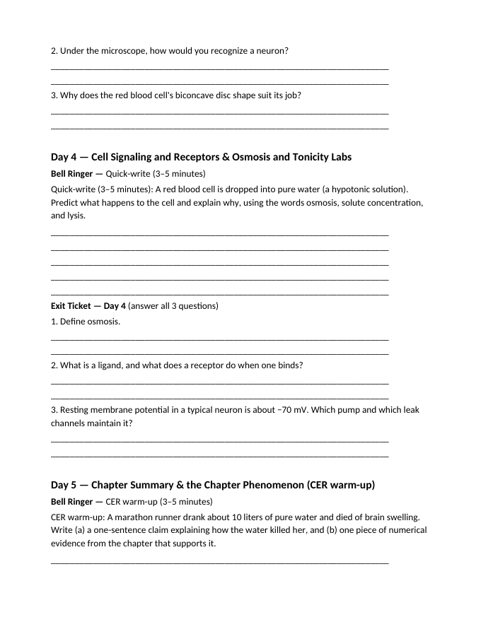 Cell Structure, Function, & Transport Bell Ringers & Exit Tickets sample page