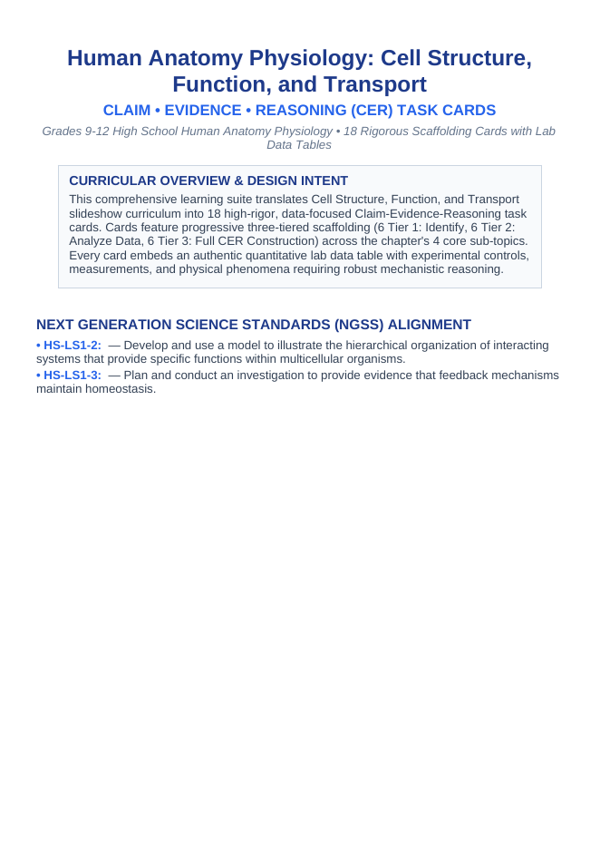 Cell Structure, Function, & Transport CER Task Cards sample page
