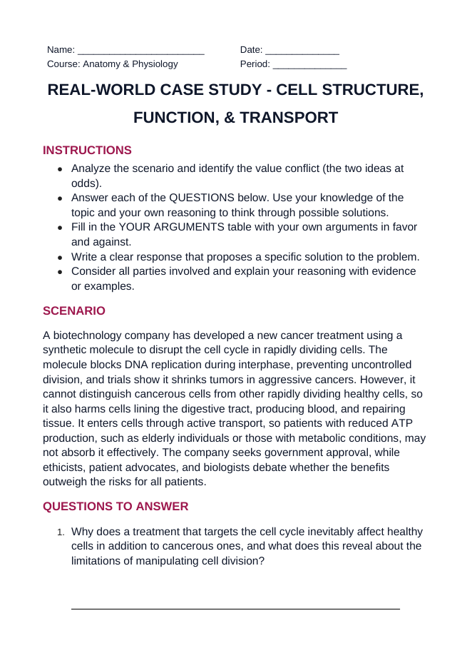 Cell Structure, Function, & Transport Real-World Case Study sample page