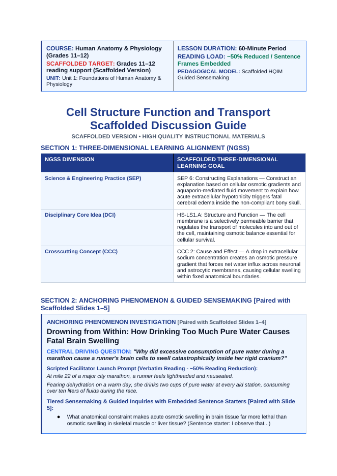 Cell Structure, Function, & Transport Scaffolded Phenomena-Based Lesson: Drowning from Within: How Drinking Too Much Pure Water Causes Fatal Brain Swelling Teacher Discussion Guide sample page