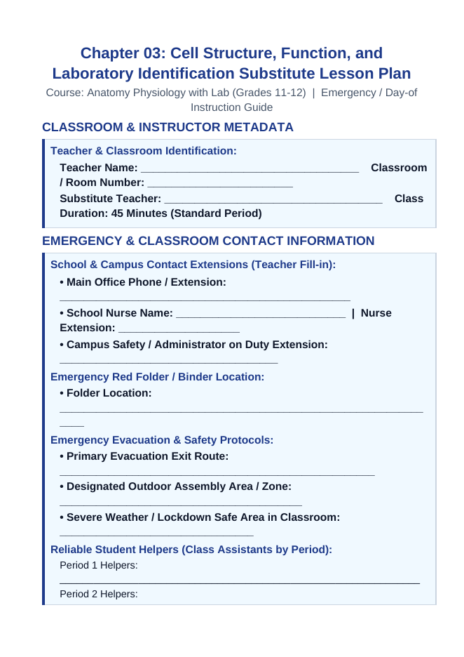 Cell Structure, Function, & Transport Substitute Lesson Plan sample page