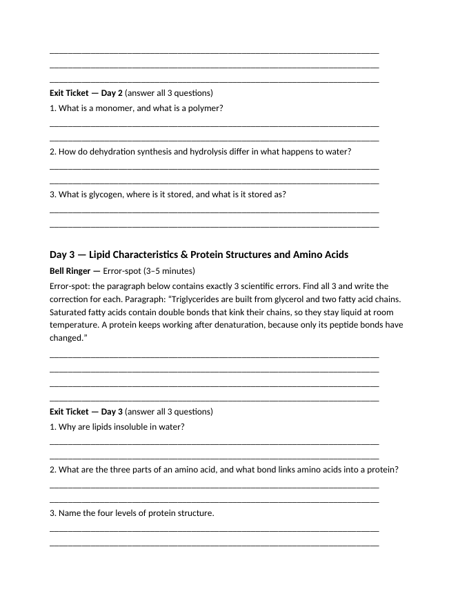 Chemistry of Life & Biological Molecules Bell Ringers & Exit Tickets sample page